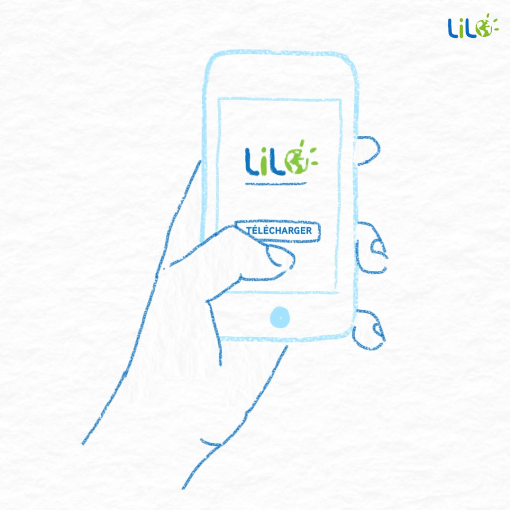 Dessin d'une main tenant un téléphone smarpthone. Il y a le logo de Lilo et l'onglet télécharger.