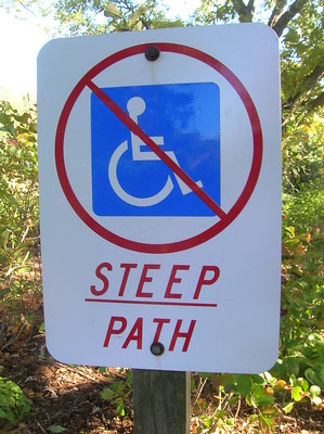 Panneau blanc avec un pictogramme handicapé à mobilité réduite en bleu. Un symbole interdit le barre. En dessous il est marqué en rouge steep path