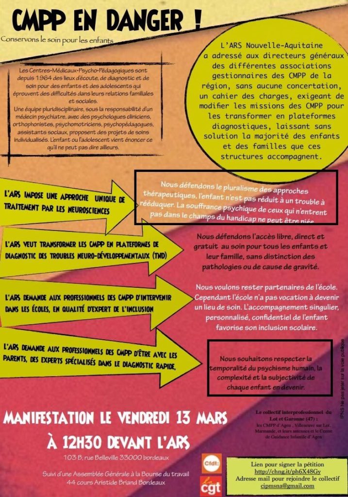 Lire la suite à propos de l’article CMPP et ARS Nouvelle-Aquitaine : oui aux services publics, non aux intérêts du médico-psychologique