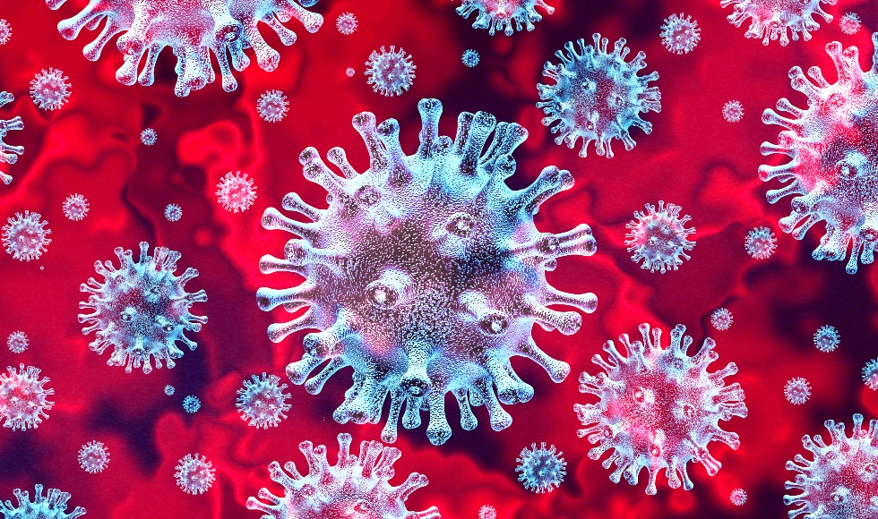 Le virus du covid en illustration 3D avec un fond rouge.